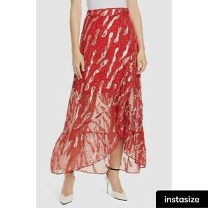 BA&SH red metallic print wrap chiffon silk skirt
